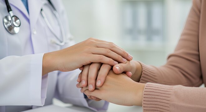 Doctor holding patient's hands for support and comfort in a medical setting with stethoscope