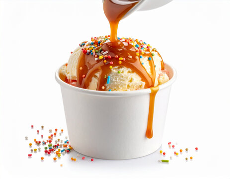 Caramel sauce is poured over a scoop of vanilla ice cream with colorful sprinkles in a white paper cup.