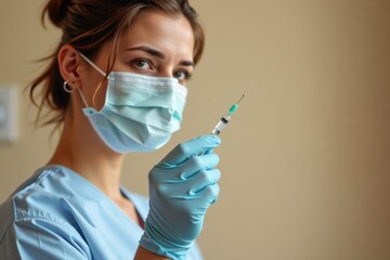 Young female nurse holding syringe in medical office while preparing