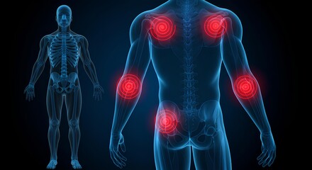 Human body anatomy with highlighted red pain areas on joints and skeleton outline on dark background
