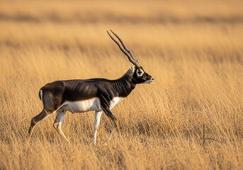 A blackbuck antelope, positioned slightly to the left of center in the image