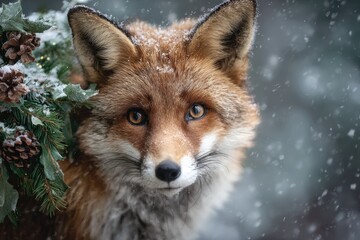 Obraz premium Wild animal in snowy forest (like a fox or bird) with subtle Christmas decorations (like a pinecone wreath), nature holiday theme