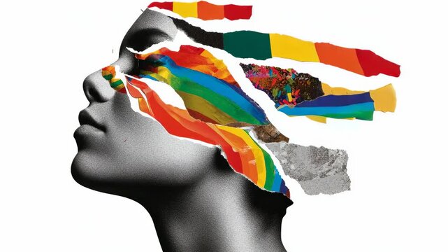 Diverse abstract portrait of people in paper collage style with pride flag colors