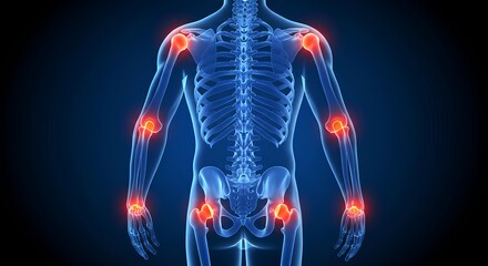Human skeletal system with highlighted joints in red against a dark blue background human body