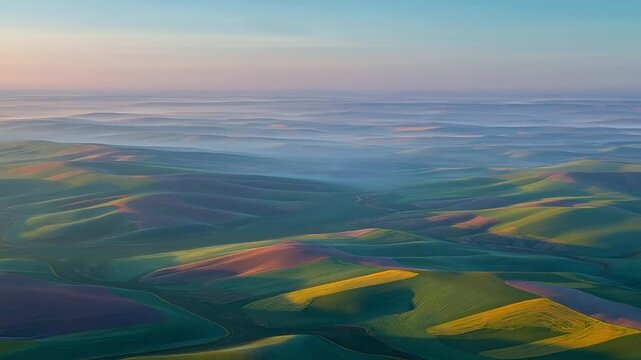 Aerial view of patchwork farmland in soft pastel colors and mist