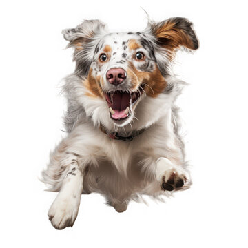An excited australian shepherd dog jumping forward, isolated on transparent background