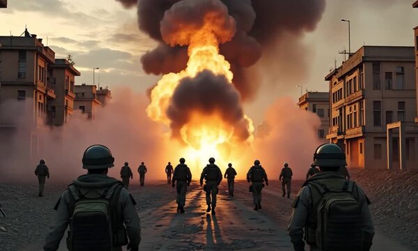 Military Operation in War Zone Urban Combat Explosion Scene in 4K