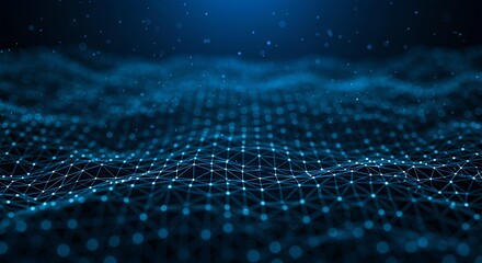 Abstract blue digital network grid with connected dots and lines on dark background image