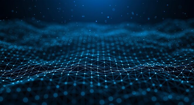 Abstract blue digital network grid with connected dots and lines on dark background image