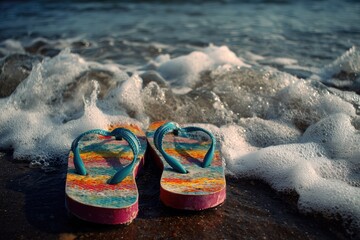 Colorful flip-flops on beach at water's edge