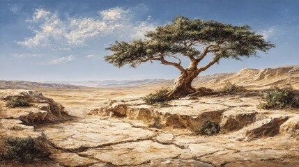 Desert landscape with lone tree