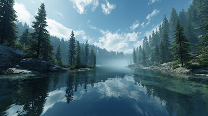 Serene Forest Lake Reflection Under a Bright Blue Sky with Wispy Clouds