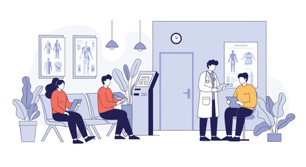 Patients awaiting consultation with doctor in modern medical clinic waiting room observing health charts on wall