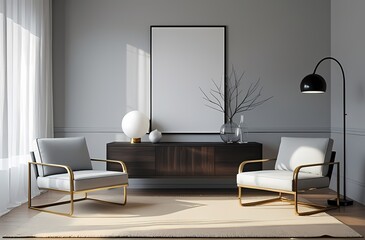 Frame mockup,  Living room wall poster mockup. Interior mockup with house background. Modern interior design. 3D render 