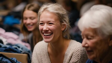 Happy Women Laughing and Sorting Clothes Together During a Community Volunteering Event