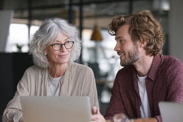 A smiling older woman and a young man working together on a laptop in an office
