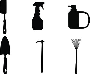silhouette vector set of gardening toolkits, shovel, hammer, sprayer, broom more