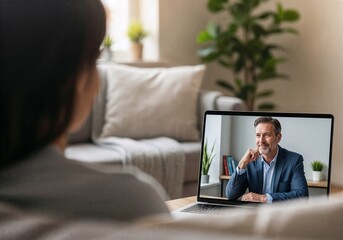 Woman having video call with business professional on laptop at home
