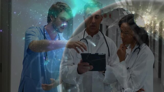 Doctor scrolling tablet, nurse pointing amid rising cosmic net guiding team analyzing diagnosis