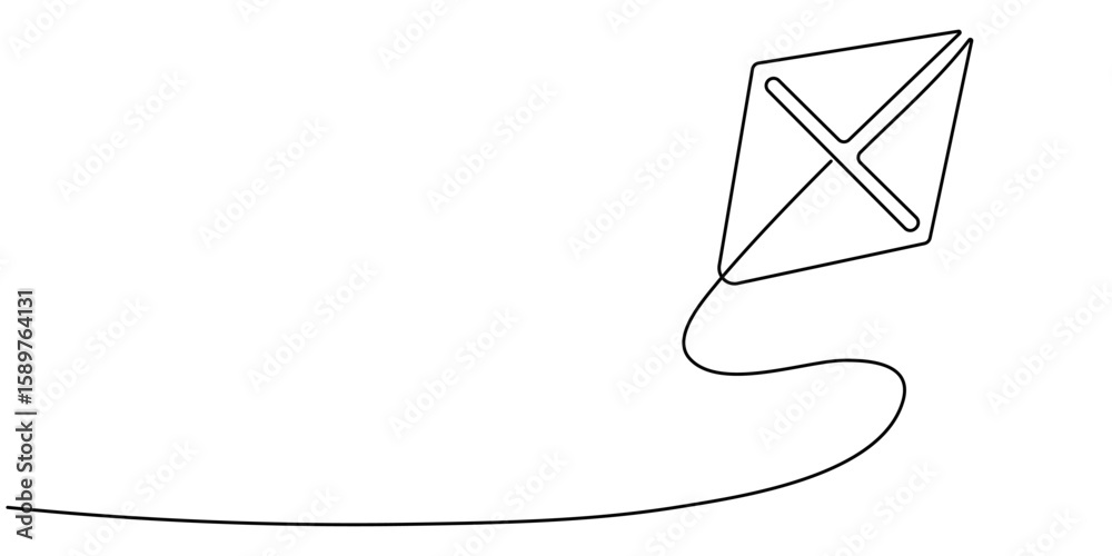 Fototapete continuous one line drawing of fly kite outline vector art design.