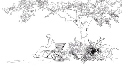 clean line art of a person sitting on a bench under a tree, peaceful surroundings and detailed foliage outlines