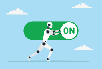 Vector illustration of a robot attempting to switch a button from OFF to ON, symbolizing AI activation, automation control, technological progress, and system startup
