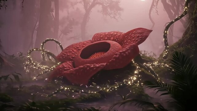 A large red Rafflesia flower blooms in a misty forest its surface dotted with paler bumps lit by glowing vines