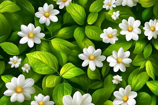 White daisy flowers and green leaves pattern background creating a fresh spring vibe