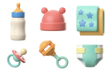Fototapeta premium Cute baby essentials set with rattle pacifier bottle diaper and beanie icons on plain background