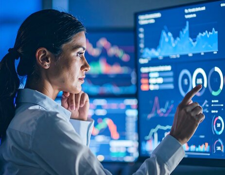 Focused woman analyzing data on screens