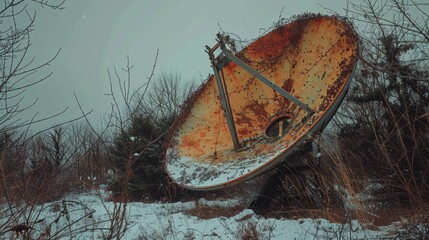 Rusty Relic: A Forgotten Satellite Dish in a Winter Wonderland