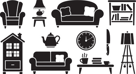 Black Silhouette Furniture and Home Decor Elements on Transparent Background for Interior Design Layouts