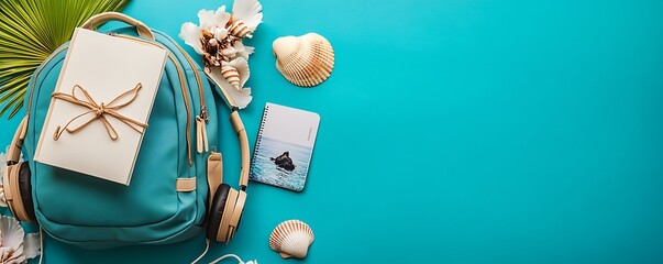 Summer essentials flat lay with blue backpack, headphones, book and seashells on blue background