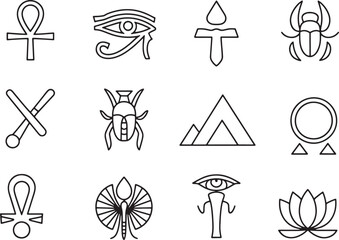 Ancient Egyptian Symbols Collection Outline Style Vector Illustration of Culture and History of Egypt