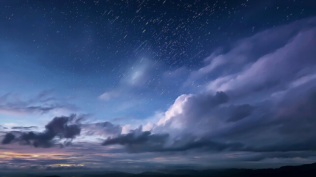 Celestial spectacle above a vast mountain range at twilight, with dramatic, ethereal clouds illuminated by distant light and a shower of stars across the expansive, cosmic firmament