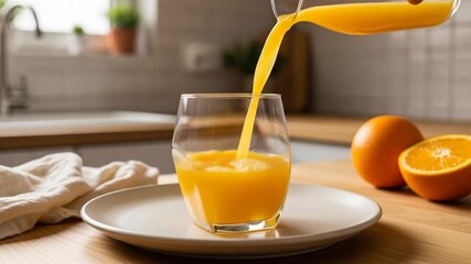 Refreshing orange juice pouring into glass, healthy breakfast beverage in a modern kitchen setting - Powered by Adobe