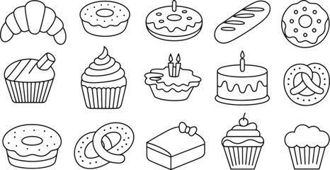 Bakery Pastries Outline Vector Set Featuring Croissant, Donut, Cupcake, Bread, Cake, Pretzel, and Other Sweet Treats
