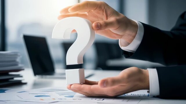Man holding a question mark symbol, representing search for answers and solutions in a business setting footage.
