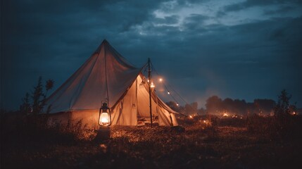 Camping tent at dusk, lit by lanterns