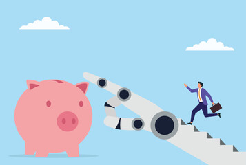 Vector illustration of a businessman running on a robot hand toward a piggy bank, representing the fusion of AI, technology, and finance driving modern investment and savings
