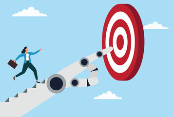 Vector illustration of a businesswoman running toward a target, followed by a robotic hand, symbolizing goal achievement, AI support, teamwork, and technology driven success
