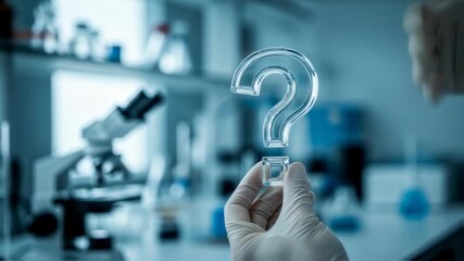 Lab worker holds a question mark symbol, exploring scientific inquiry and problem solving in a laboratory footage. - Powered by Adobe