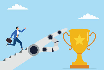 Vector illustration of a businessman running toward a golden trophy, followed by a robotic hand, representing ambition, AI assistance, success, and technology driven achievement
