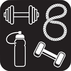 Fitness equipment vector icon set dumbbell rope water bottle gym workout training health exercise 94