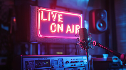 A cozy radio studio featuring a glowing neon Live On Air sign alongside modern audio equipment, conveying an atmosphere of live broadcasting and creativity.