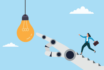 Vector illustration of a businesswoman running toward a light bulb, followed by a robotic hand, symbolizing innovation, AI support, creativity, and the future of business ideas
