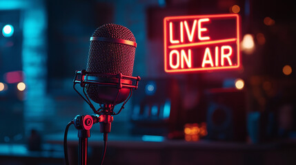 Studio background featuring a vintage microphone with a vibrant neon sign reading Live On Air, evoking the essence of live broadcast media and production setup.