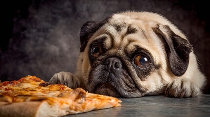 Pug dog looking at pizza slice funny animal meme pet food adorable canine hungry puppy cute dog breed
