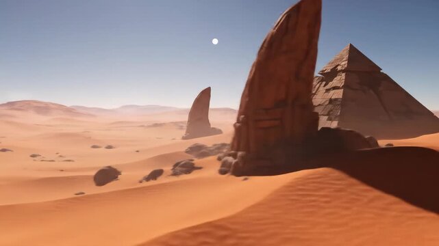 Ancient Pyramids in a Desolate Desert Landscape - A wide shot of a vast, sandy desert landscape under a clear sky, featuring several ancient pyramids and monolithic rock formations.