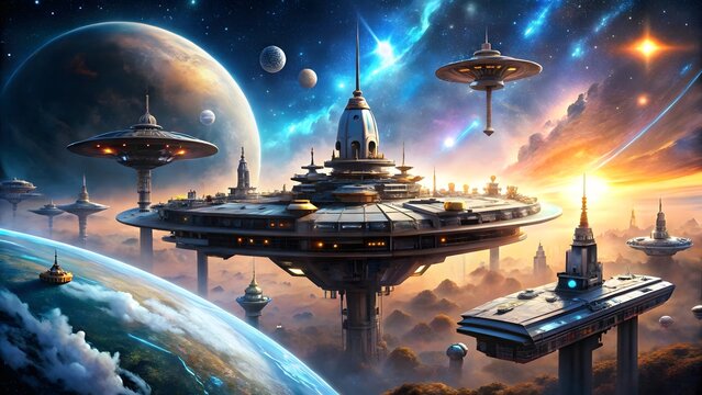 Photo of a breathtaking futuristic cityscape unfolds against a vibrant cosmic backdrop, featuring towering structures and advanced spacecraft - Powered by Adobe